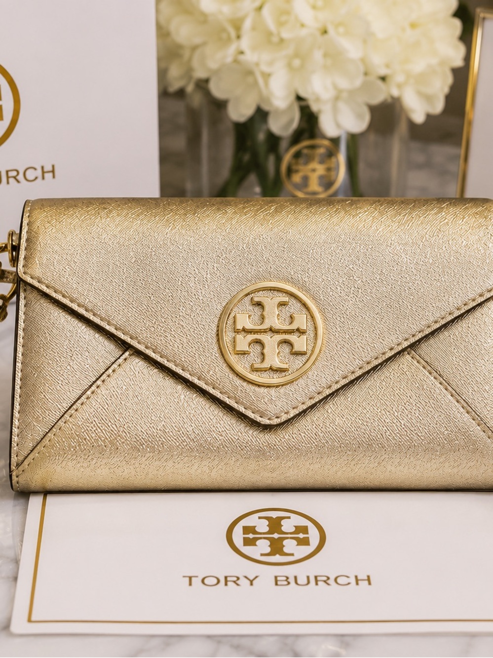 Tory Burch Metallic Gold Envelope Crossbody Wallet